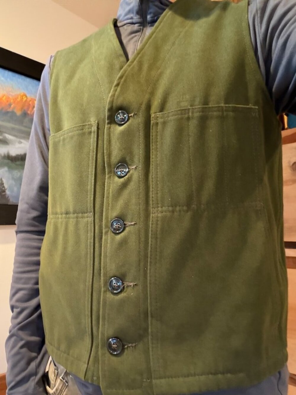 C.C. Filson Co. Mens Vintage Suede Moleskin Multi Pockets Vest in Olive Green 38
